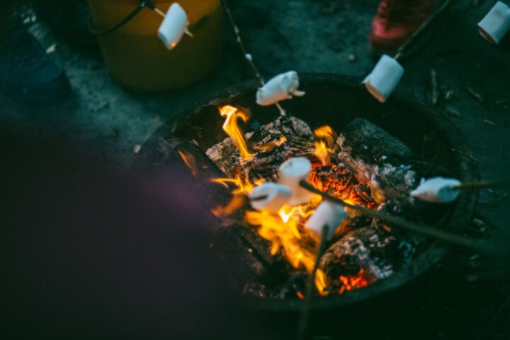 冬のキャンプでみんなでたき火を囲ってマシュマロを焼いているイメージ。たき火で調理すると何でこんなにもおいしくなるなるのでしょうね…