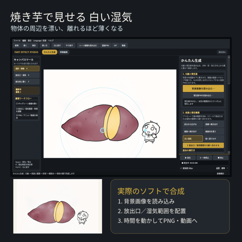 夜空を背景に焼き芋の表面から白い湯気を漂わせる操作画面