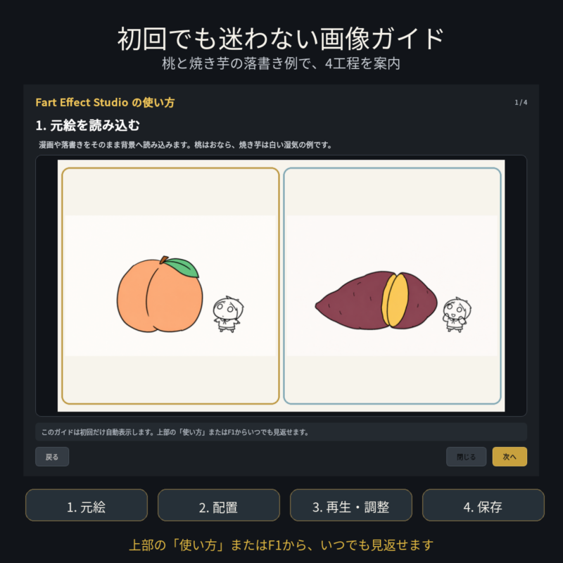 Fart Effect Studioの背景読込、放出口配置、エフェクト調整、保存を説明するチュートリアル