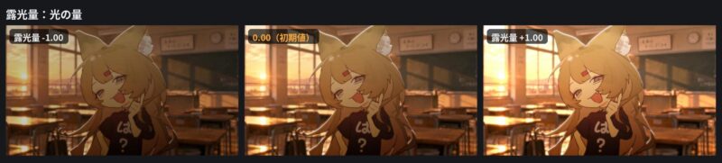 露光量を-1、0、+1にした比較