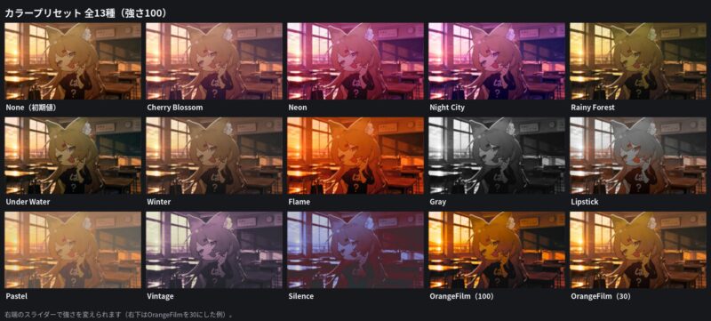 カラープリセット全13種の比較。Cherry Blossom、Neon、Night City、Rainy Forest、Under Water、Winter、Flame、Gray、Lipstick、Pastel、Vintage、Silence、OrangeFilm