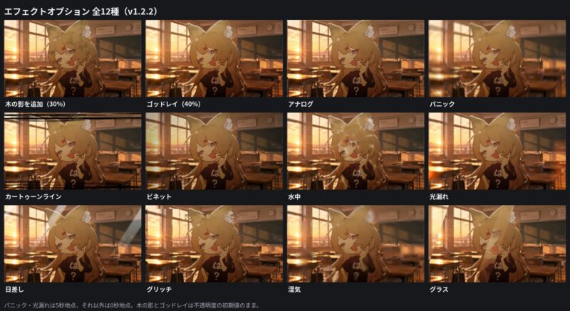 エフェクトオプション12種を1つずつ適用した比較