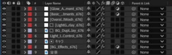 適用後のタイムライン。Glow_Adjustment、Basic_Adjustments、Overall_LightWash、LightGradientOverlay、BG_DuplicateOverlay、Light Control、BG_Effectsなどのレイヤーが追加されている