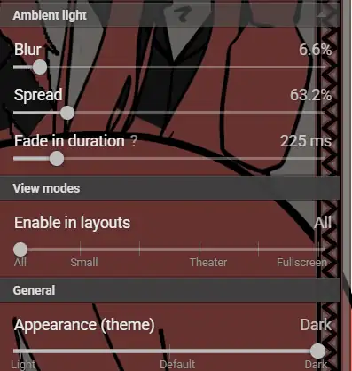 Ambient light for YouTubeの設定画面(Blur 6.6%、Spread 63.2%、Fade in duration 225ms、Enable in layouts All、Appearance Dark)