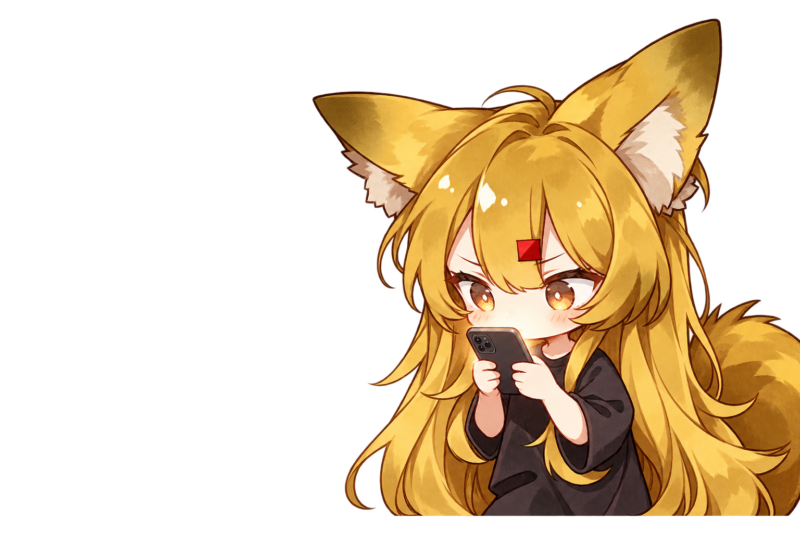 スマートフォンゲームへ無心で没頭する狐耳の女の子
