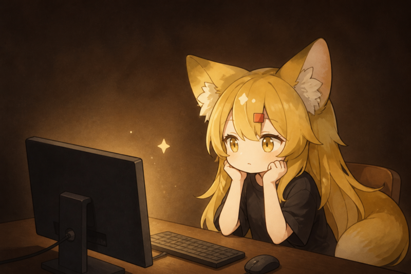 パソコンの壁紙を変えただけで創作の才能が目覚めるのを待つ狐耳の女の子