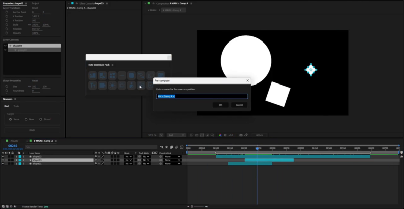 Nate Essentials PackのScene Precompでプリコンポーズ名を入力しているAfter Effects画面