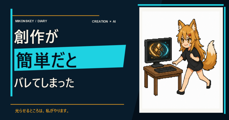 創作が簡単だとバレてしまったの文字と、光る画面へ向かうドット絵の狐耳キャラクター