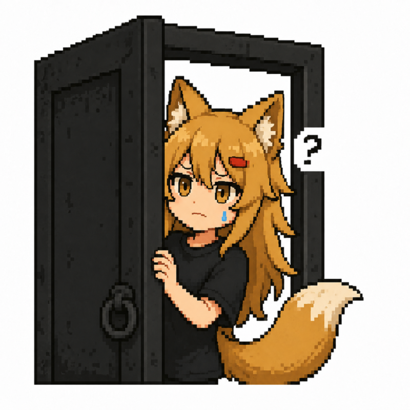 高い壁が入口だったと気づき戸惑うドット絵の狐耳キャラクター