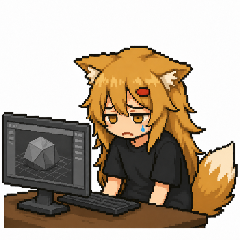 3Dモデリング画面の前で元気をなくすドット絵の狐耳キャラクター