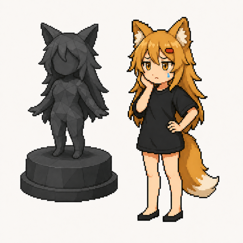 光っていない灰色のモデルを眺めるドット絵の狐耳キャラクター