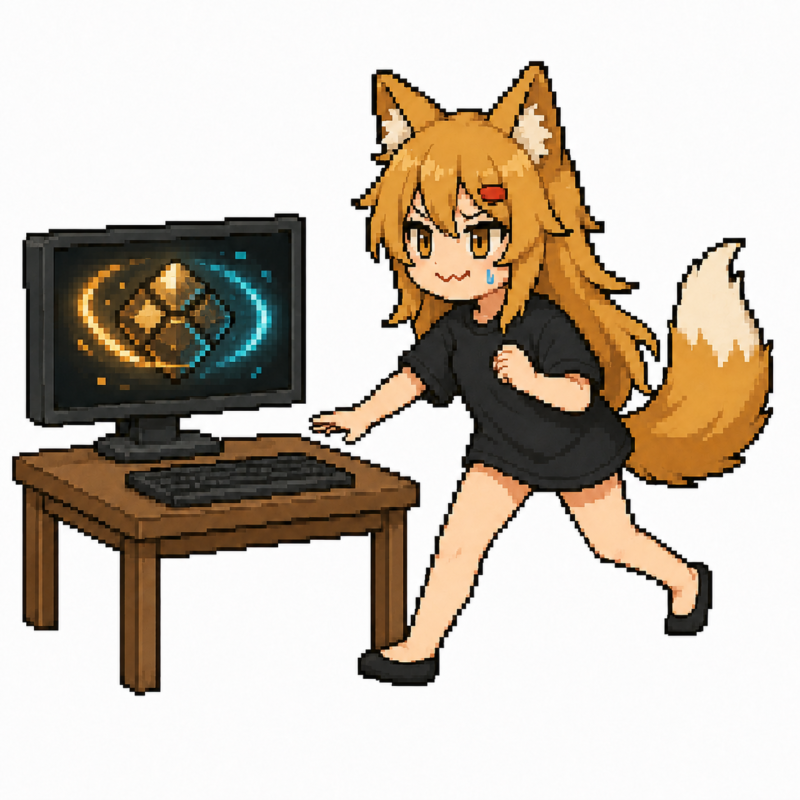 光る作品の画面へ急いで向かうドット絵の狐耳キャラクター