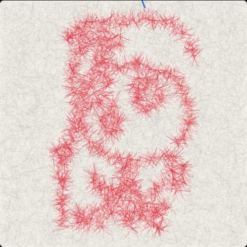 線画をかくして2万5千本の針を落とした図。赤い針だけで謎ノ美兎の形が見える